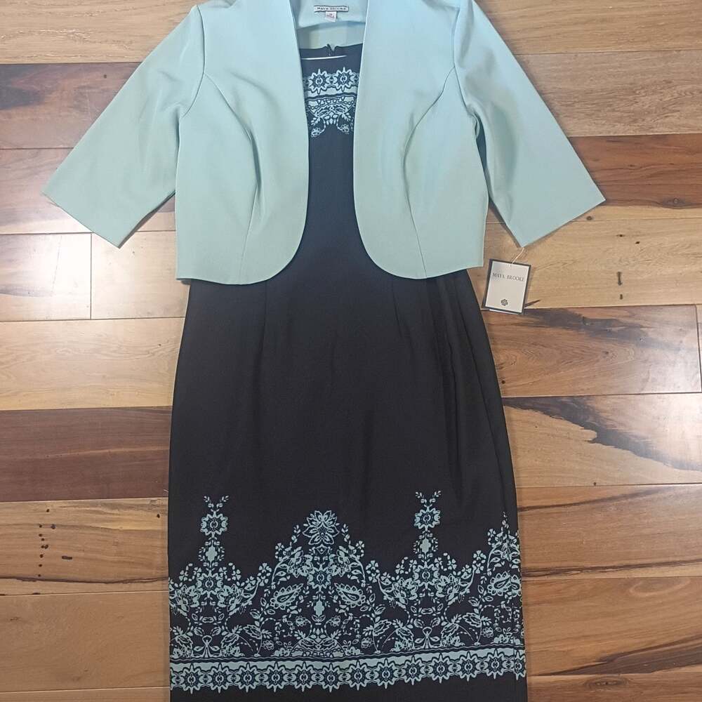 Maya Brooke Women's 2-Piece Black  Floral Sheath Dress with Matching Top size 10